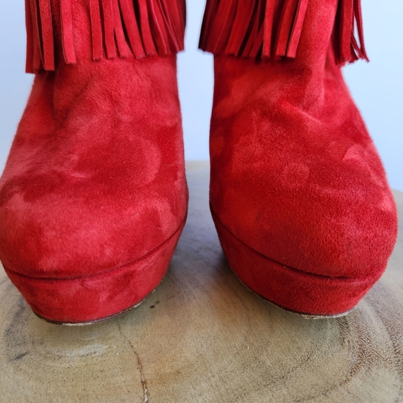 Charles David Lula Fringe Trim Suede Bootie Red Ankle Boot High Heels Size 7 - Picture 4 of 16